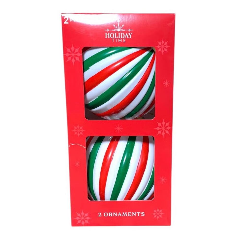 2 Count Set Red Green White Striped Ball Christmas Ornaments 5.5" Holiday Time